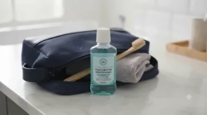 Compact travel-size moisturising mouthwash for dry mouth packed in a wash bag.