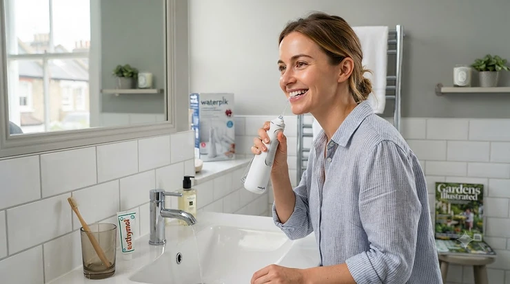 Waterpik wireless gum stimulator and oral irrigator being used in a modern British bathroom during a daily routine. Waterpik gum stimulator review
