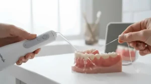 Side-by-side comparison showing the Waterpik gum stimulator alongside standard dental floss on a tiled countertop.