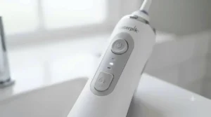 Control panel on the Waterpik device highlighting the adjustable pressure settings for sensitive gums.