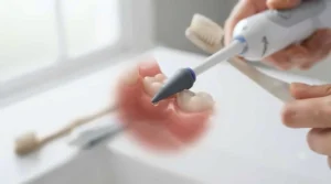 Close-up view of the flexible rubber tip on the Waterpik gum stimulator designed for periodontal care.