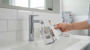 Filling the easy-to-clean water reservoir of the Waterpik gum stimulator under a bathroom tap.