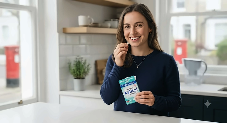 A person holding a glass of water alongside a pack of xylitol chewing gum used for combating dry mouth and bad breath. xylitol gum for bad breath