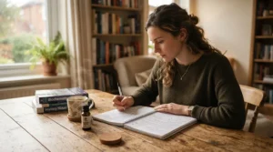 A person checking a household budget planner beside a bottle of affordable dental probiotic supplements.