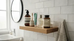 A family bathroom shelf holding a bottle of affordable dental probiotic supplements for everyday use.
