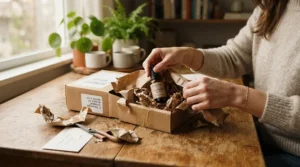 Unboxing affordable dental probiotic supplements delivered in a neat parcel on a wooden dining table.