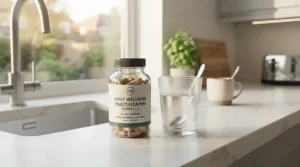 A bottle of affordable dental probiotic supplements sitting neatly on a bright modern kitchen counter next to a glass of water.