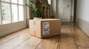 A subscription box containing affordable dental probiotic supplements arriving at a front door.