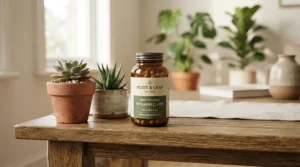 Value pack of affordable dental probiotic supplements displayed on a clean shelf with green plants.