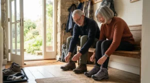 An active senior couple preparing to take the best calcium and vitamin D tablets before a morning walk.
