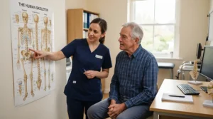 A friendly healthcare professional advising a patient on taking the best calcium and vitamin D tablets.