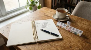 A notepad detailing a daily schedule for taking the best calcium and vitamin D tablets alongside healthy meals.