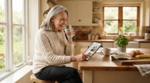 An elderly woman taking her best calcium and vitamin D tablets with a glass of water at her kitchen table.