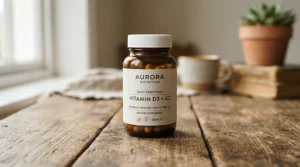 A clean amber glass bottle representing the best calcium and vitamin D tablets sitting on a rustic oak table.