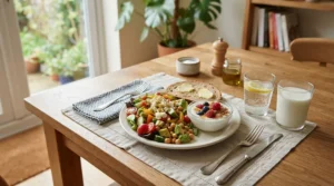 A healthy meal layout with dairy and greens, complemented by the best calcium supplements for overall wellness.