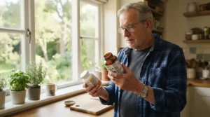 An elderly man in his Manchester kitchen sorting mineral bottles to find the best calcium supplements for bone health.