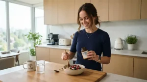 A young professional incorporating the best calcium supplements into her busy morning kitchen routine in Bristol.