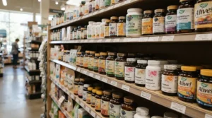 A shelf display in a local chemist showcasing the best calcium supplements available in British high streets.