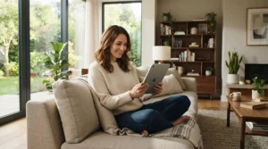 A woman reading a buying guide on her tablet in a bright London flat while researching the best calcium supplements.