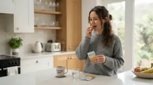 A person in a British kitchen incorporating the best probiotic lozenges into their daily wellness habit with a morning glass of water
