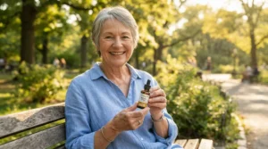 An elderly British adult smiling outdoors while keeping a pack of the best probiotic lozenges handy for daily wellness