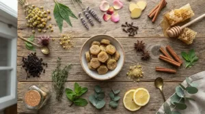 A flat lay photography arrangement highlighting the natural ingredients used in the best probiotic lozenges alongside herbal elements