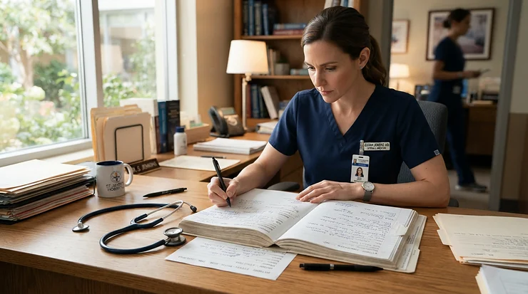 Expert analyzing clinical notes during a comprehensive calcium supplements review in a London clinic