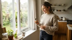 Daily oral care routine featuring dental probiotics for adults in a modern kitchen setting