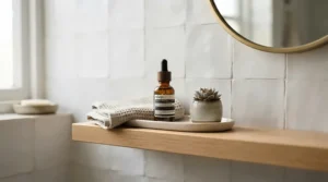 An adult placing dental probiotics for adults on a bathroom shelf during their morning routine