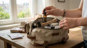 Packing dental probiotics for adults into a travel washbag for a weekend trip
