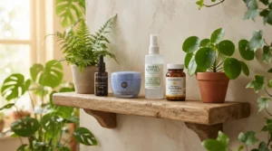 Dental probiotics for adults displayed neatly on a home wellness and self-care shelf