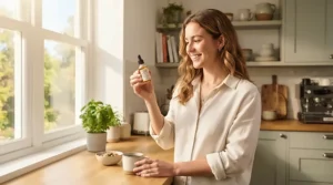 A person incorporating an oral microbiome supplement into their morning routine in a modern British kitchen.