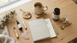 A wellness flat lay featuring an oral microbiome supplement bottle beside a toothbrush and herbal tea in a London flat.
