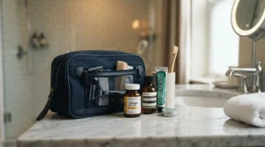 An oral microbiome supplement pack neatly placed in a washbag for travel across the UK.