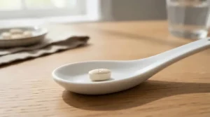 A dissolvable lozenge shown as part of oral probiotic strains explained in supplement formats.