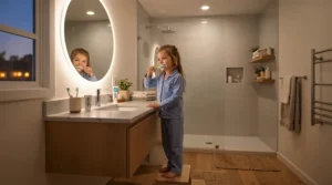 A smiling young child brushing their teeth before bed as part of a daily routine incorporating oral probiotics for children