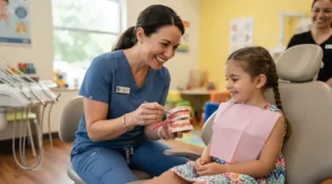 A friendly dentist examining a happy child's healthy teeth to discuss oral probiotics for children