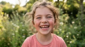 A joyful child showing a bright, healthy smile after using oral probiotics for children regularly