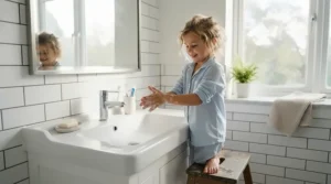 A young child getting ready for school with a cup of water and oral probiotics for children on the counter