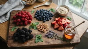 Child-friendly oral probiotics displayed next to fresh fruits and natural ingredients on a wooden board
