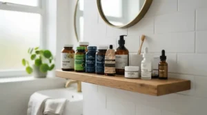Safe oral probiotics for children stored securely on a high bathroom shelf away from toddlers