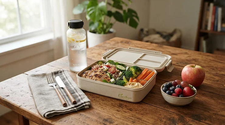 A colourful school lunchbox packed alongside kids probiotic supplements for teeth and oral probiotics for children