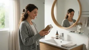 A person using probiotic lozenges for bad breath during their morning routine in a bright bathroom.