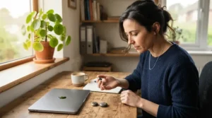 A working professional at a desk in Manchester evaluating probiotic mints vs probiotic lozenges for fresh breath.