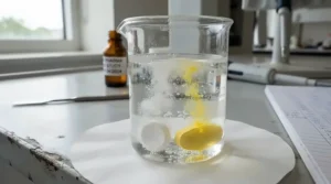 Close-up showing probiotic mints vs probiotic lozenges during a dissolution rate test in a British laboratory setting.