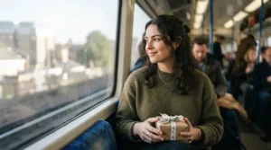 A commuter holding probiotic mints vs probiotic lozenges on a train carriage during morning rush hour.
