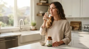 A person incorporating top oral probiotics for gum health into their morning routine in a modern British kitchen.
