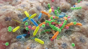 Microscopic view representing the bacterial balance supported by top oral probiotics for gum health.