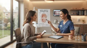 A dental professional discussing top oral probiotics for gum health during a routine periodontal care check-up.
